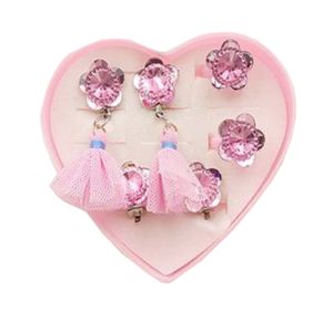 2PCS Girl Clip-on Earrings With 2 Adjustable Ring Flower Pattern Jewelry Set,C