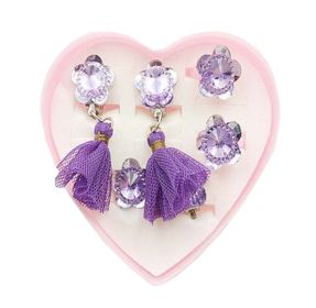 2PCS Girl Clip-on Earrings With 2 Adjustable Ring Flower Pattern Jewelry Set,D