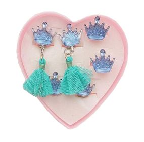 2PCS Girl Clip-on Earrings With 2 Adjustable Ring Crown Pattern Jewelry Set,E