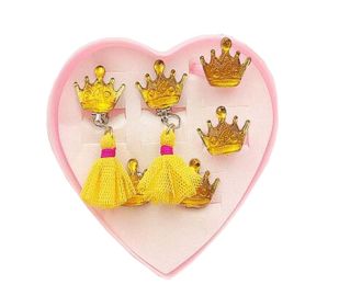2PCS Girl Clip-on Earrings With 2 Adjustable Ring Crown Pattern Jewelry Set,F