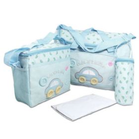 Functional Waterproof Diaper Tote Bags With Car Pattern 4 Pieces Set Light-Blue